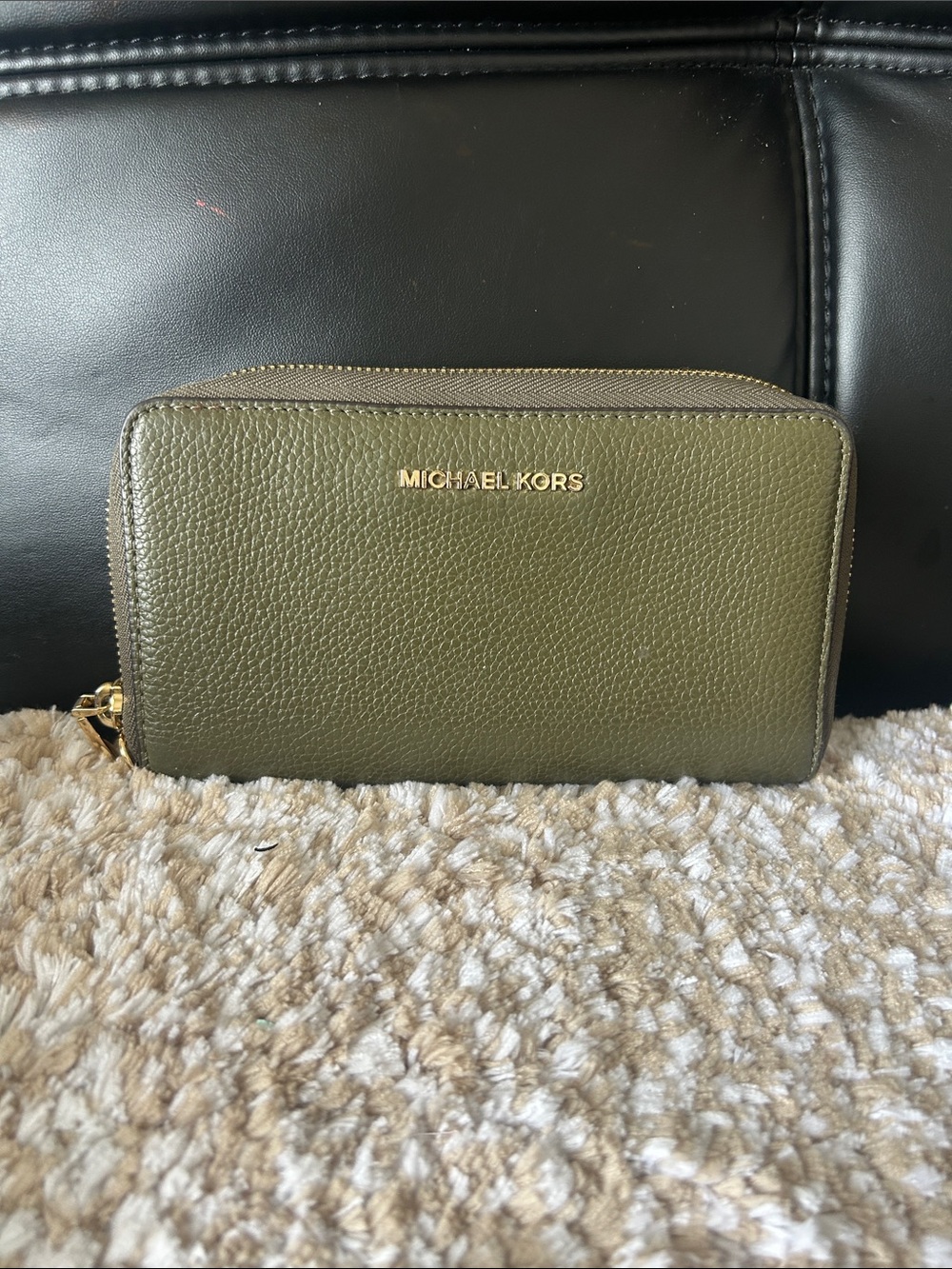 Michael Kors Olive Pebbled Leather Zip Wallet with Gold Logo